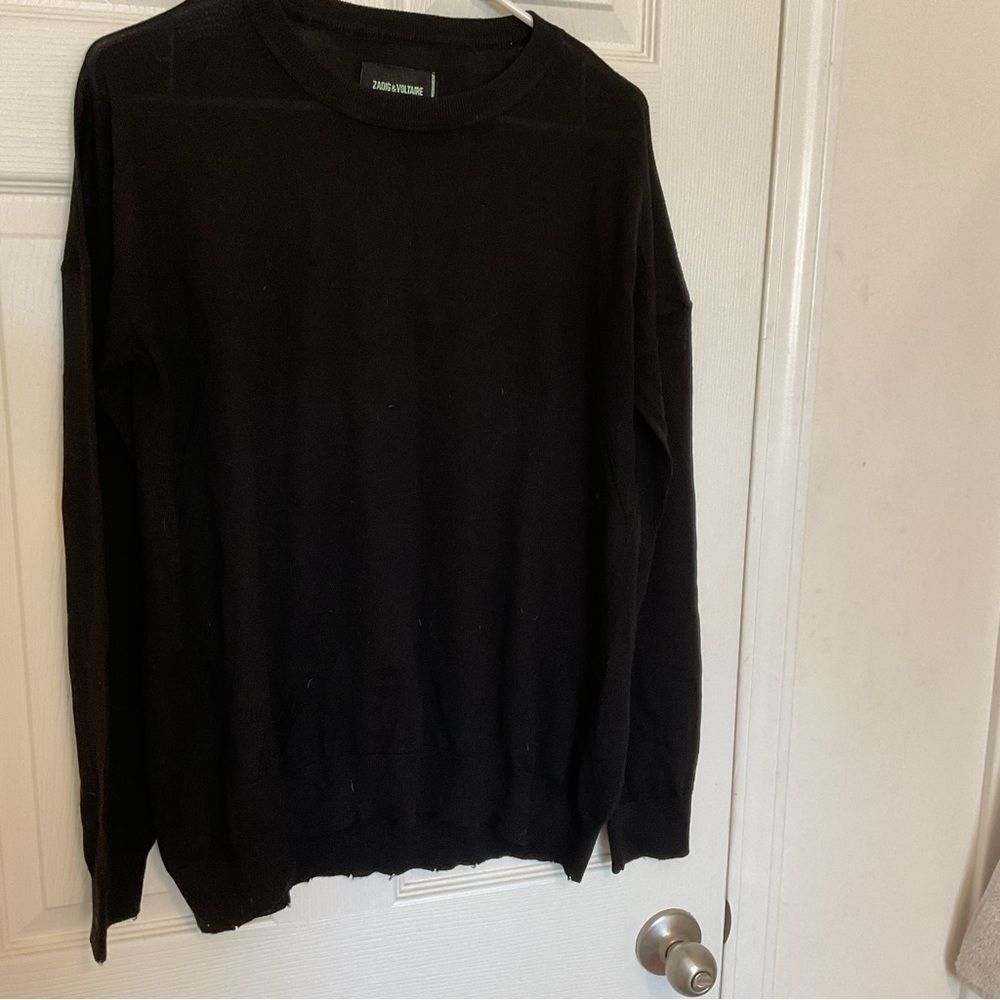 Zadig & Voltaire Cici Black Merino Wool Heart Patch Crewneck Pullover Sweater L - Picture 2 of 6